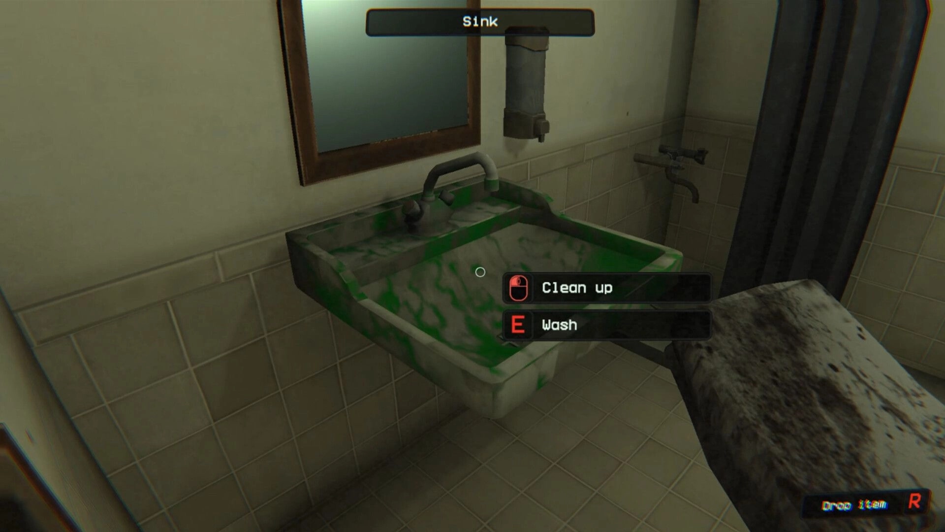 Rules: Interact menu to clean up or wash at a grimy sink in a tiled motel bathroom with mirror.