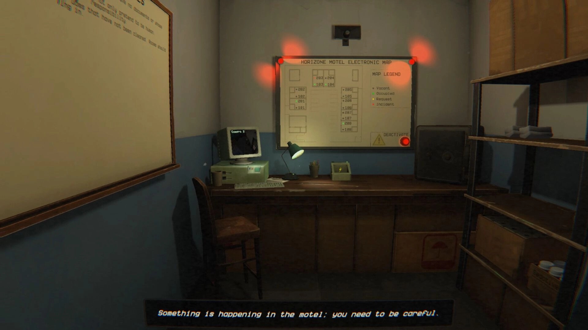 Rules: Electronic motel map with room status lights and camera monitor on desk in back office.