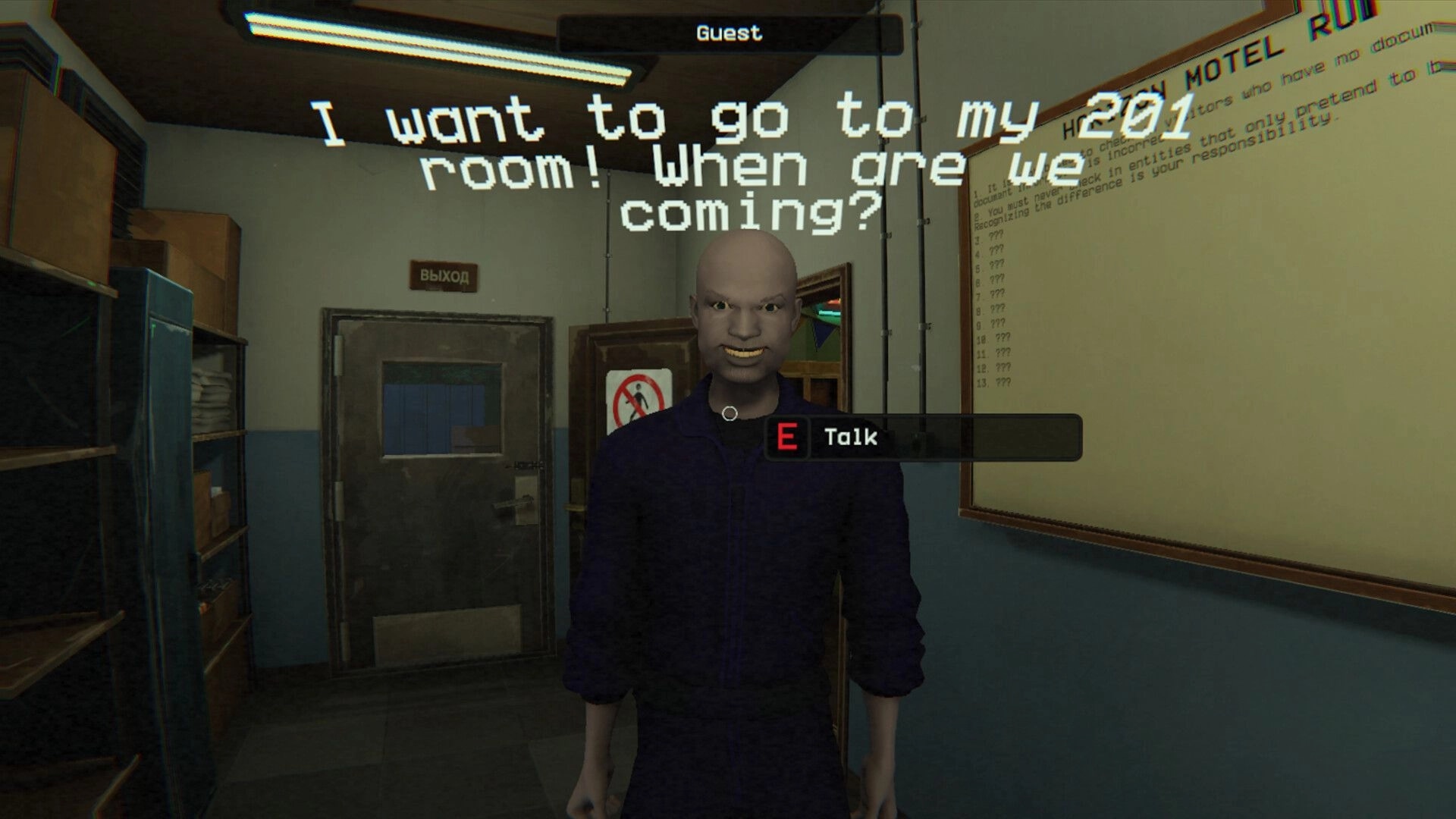 Rules: Talking to a grinning guest with E prompt and dialogue text in a cramped motel back room.