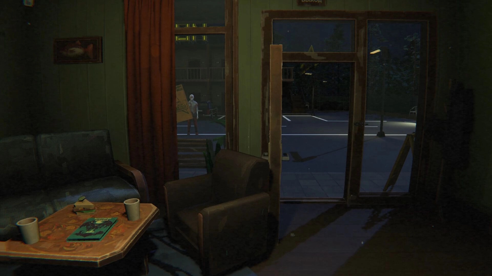 Rules: Motel lounge with couch, cups and book as a pale guest stands outside by the window at night.