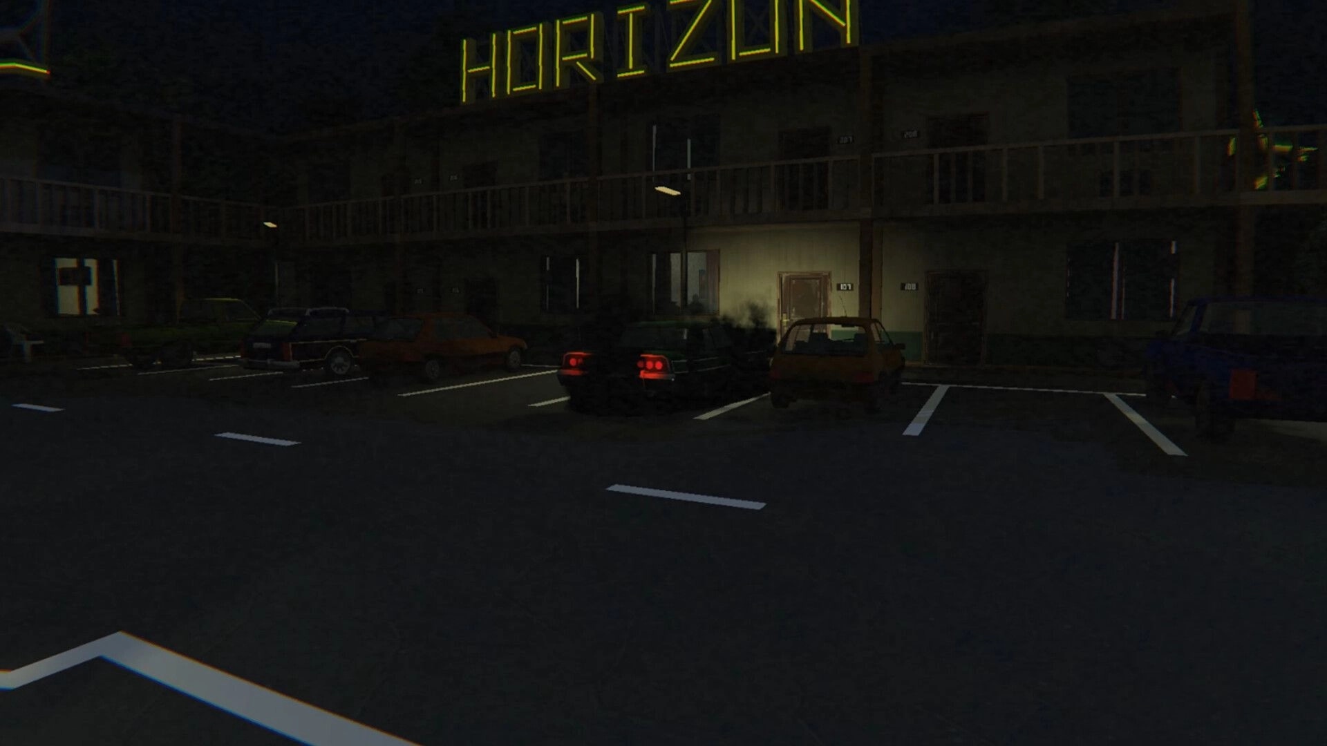 Rules: Foggy motel exterior with parked cars and glowing HORIZON sign night parking lot view.