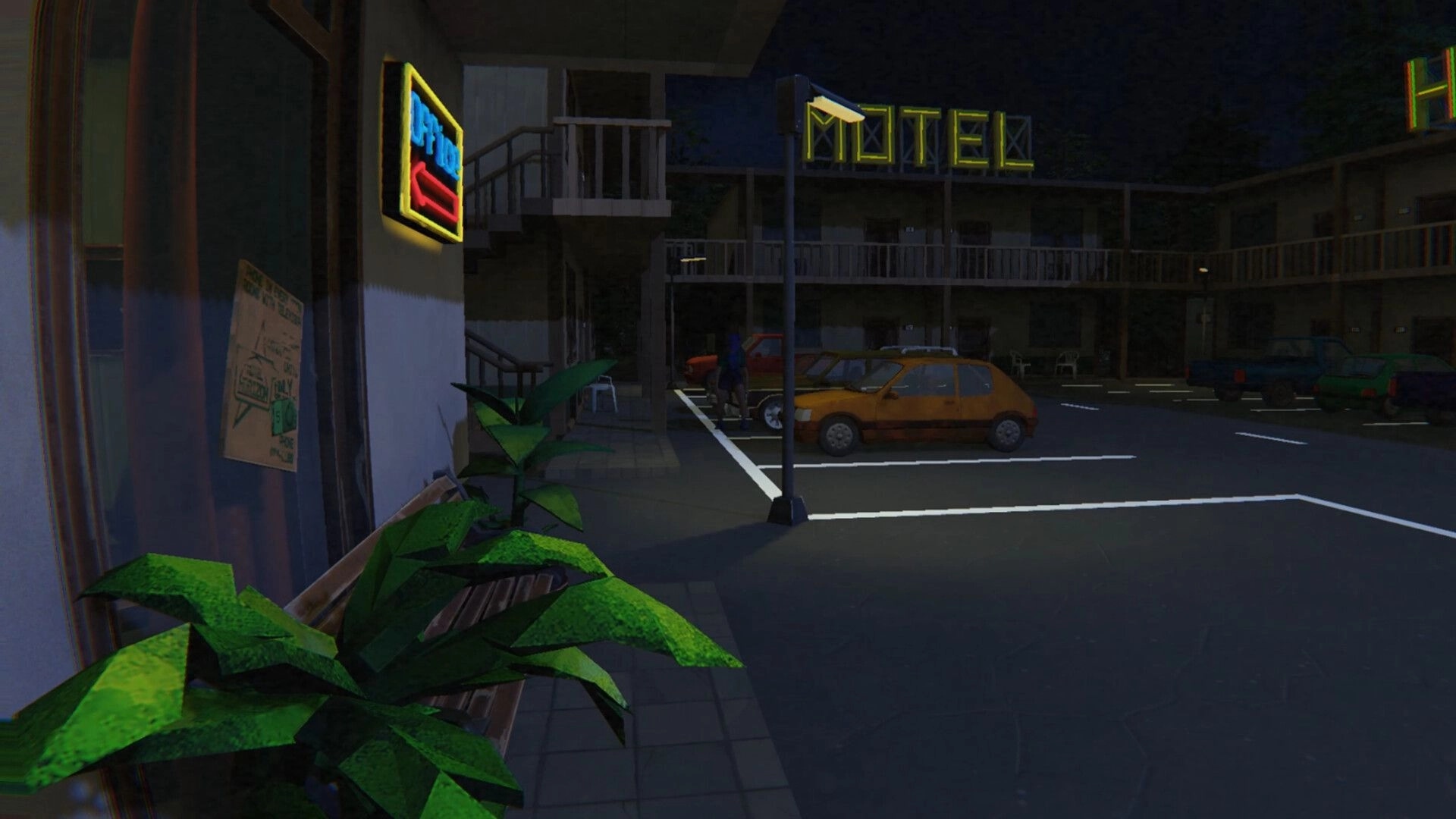 Rules: Nighttime motel exterior with neon sign and parked cars in lot beside a dim two-story building.