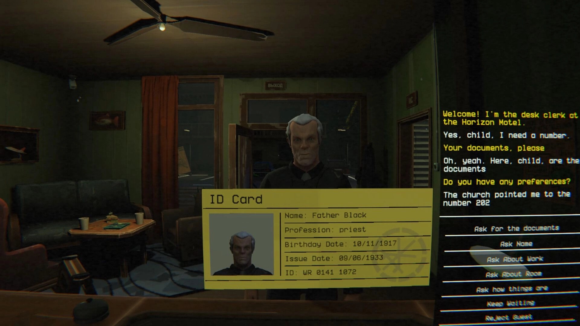Rules: Checking Father Black's ID card and dialogue options at the motel front desk lobby at night.