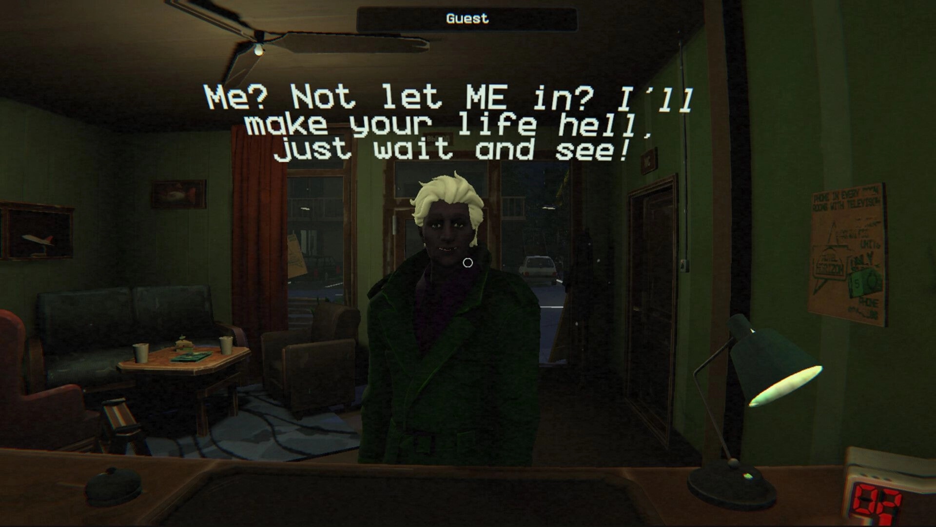 Rules: Guest dialogue threatening the player at the front desk inside a dim motel lobby at night.