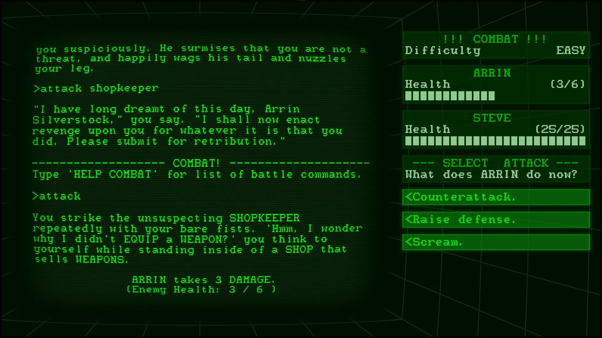 Run TavernQuest: Combat screen with Arrin attacking shopkeeper, health bars, and action choices displayed