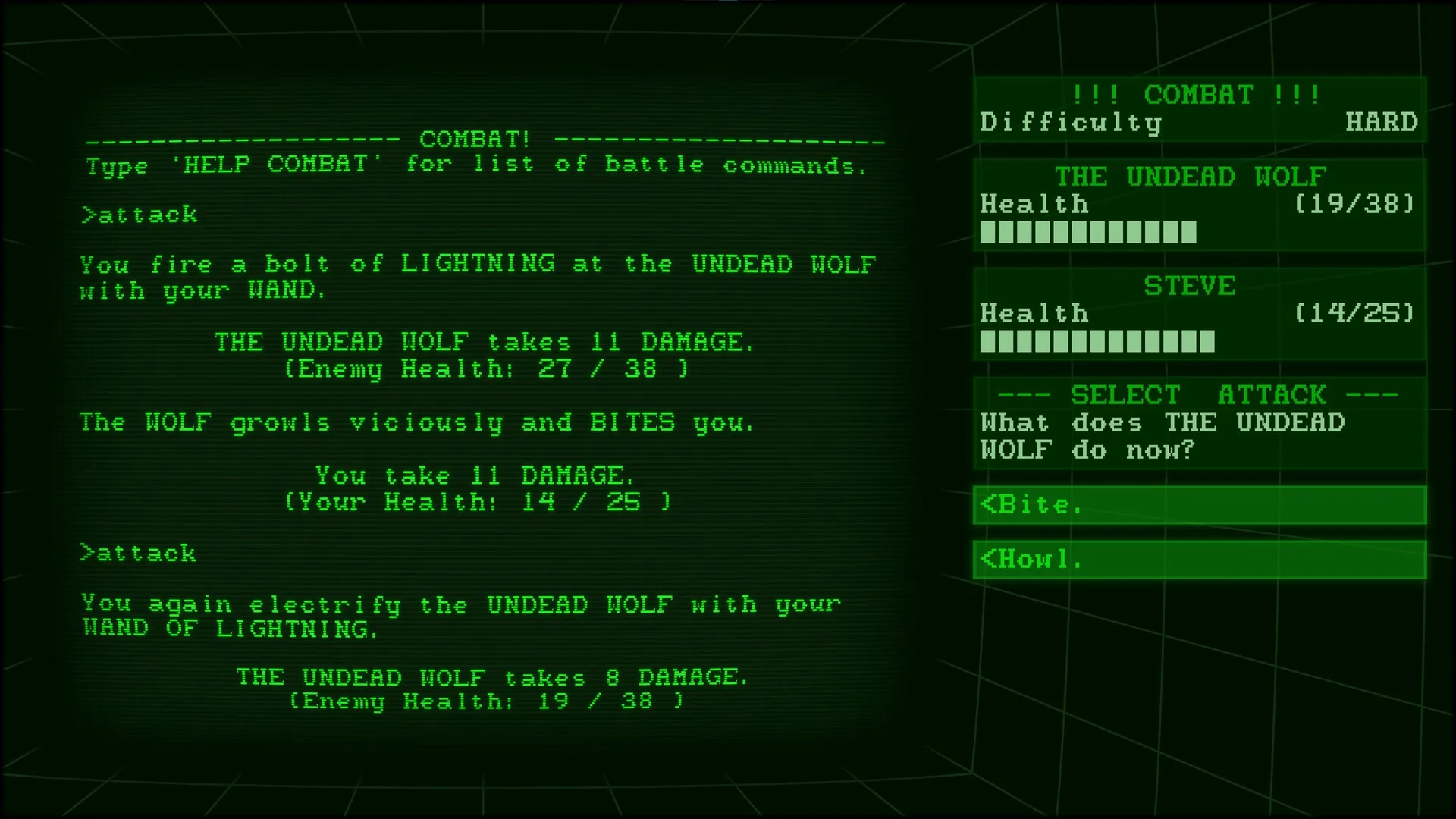 Run TavernQuest: Combat with undead wolf, Steve uses lightning wand; health and attack options shown