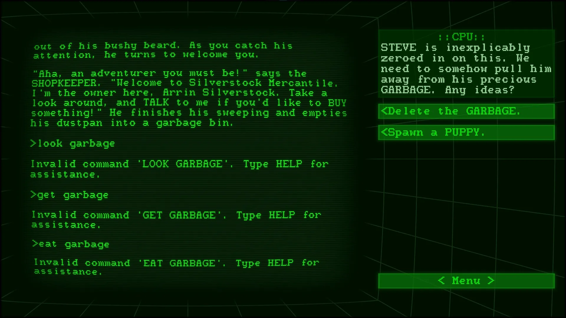 Run TavernQuest: Text interface with invalid commands and options to delete garbage or spawn a puppy.