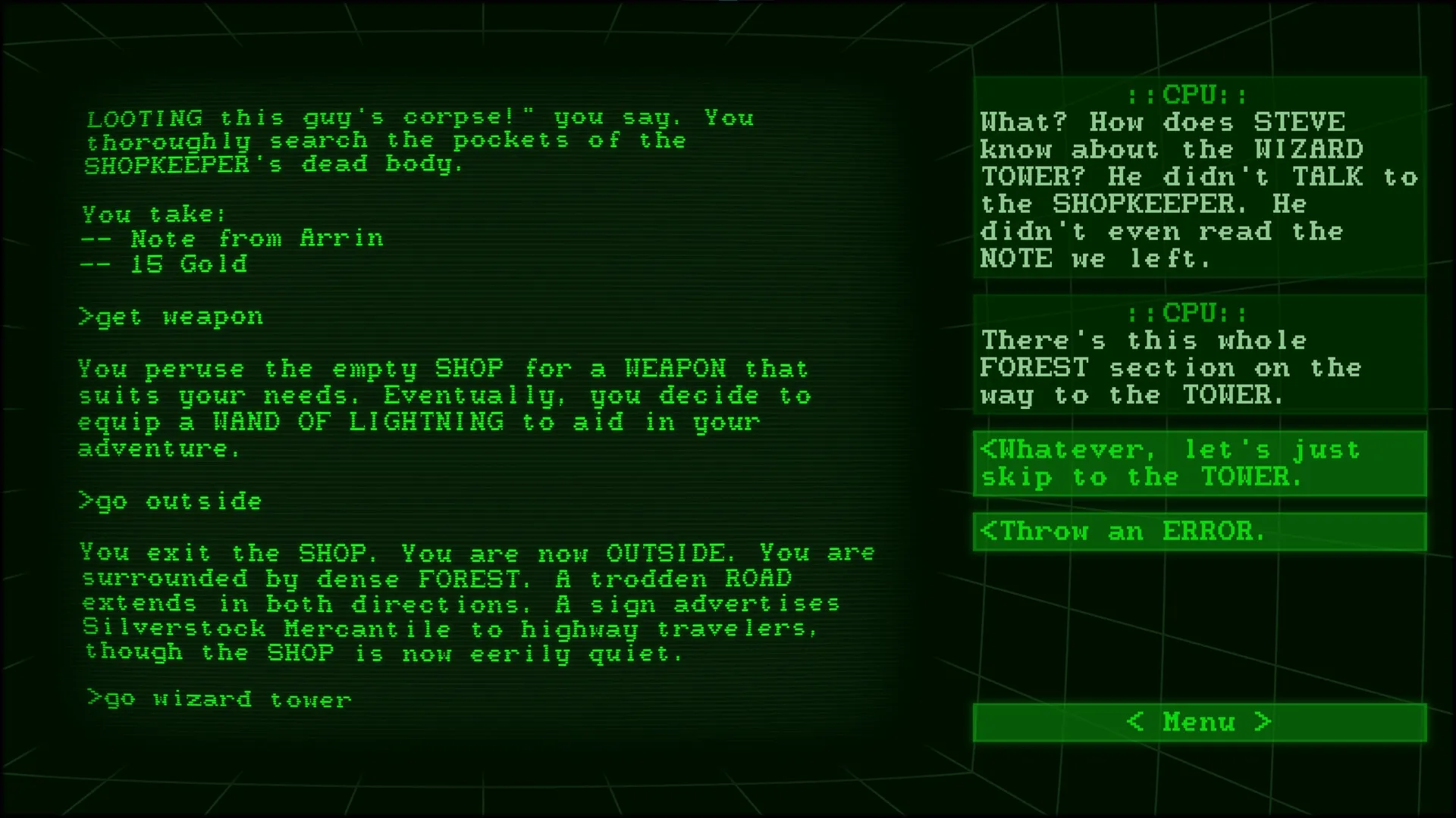 Run TavernQuest: Steve loots shopkeeper's body, finds note and gold, equips wand in text-based interface.
