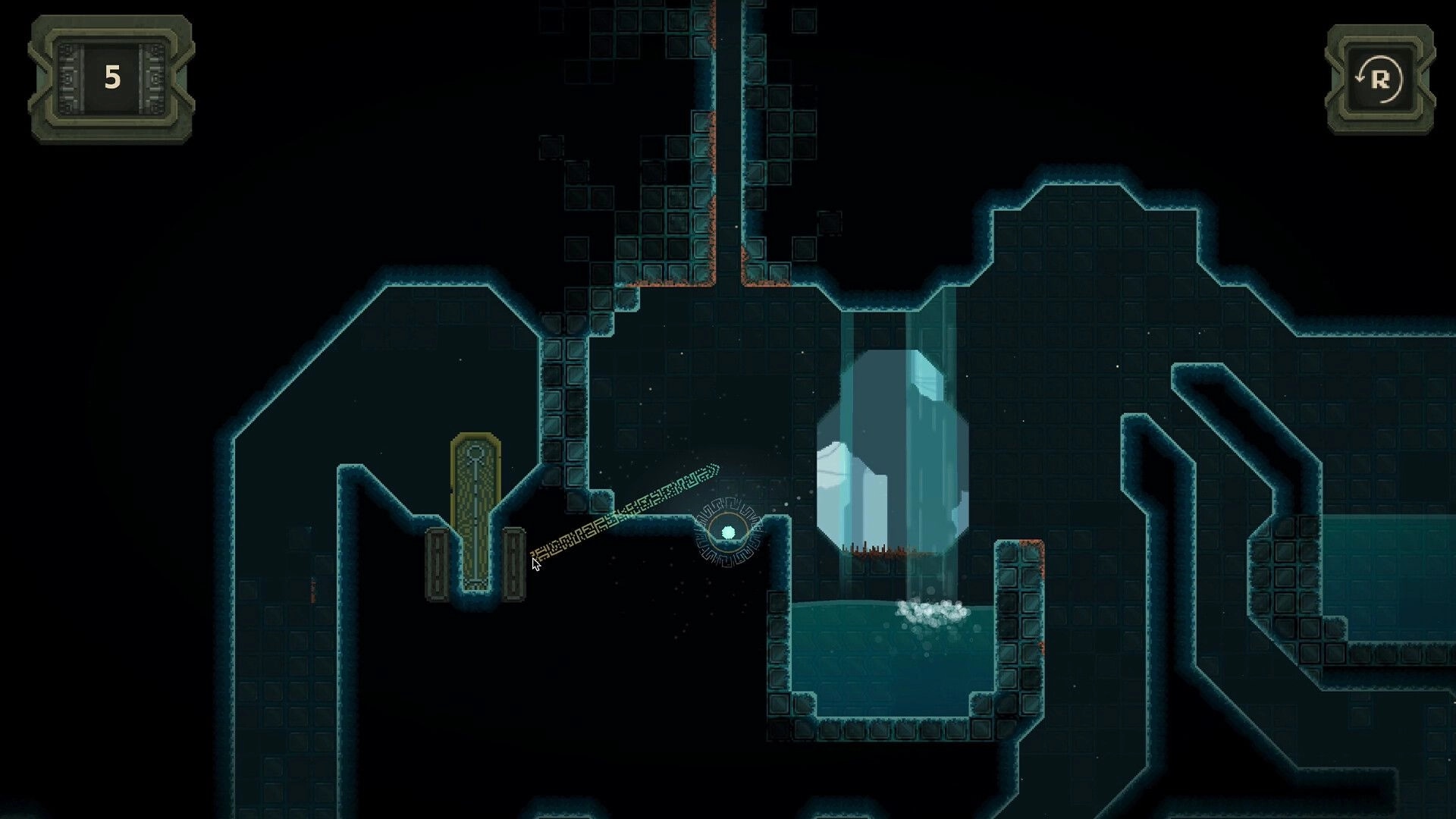 Rune Golf: Aiming line from tee toward a rune portal beside a waterfall pool in dark ruins, stroke 5 UI.