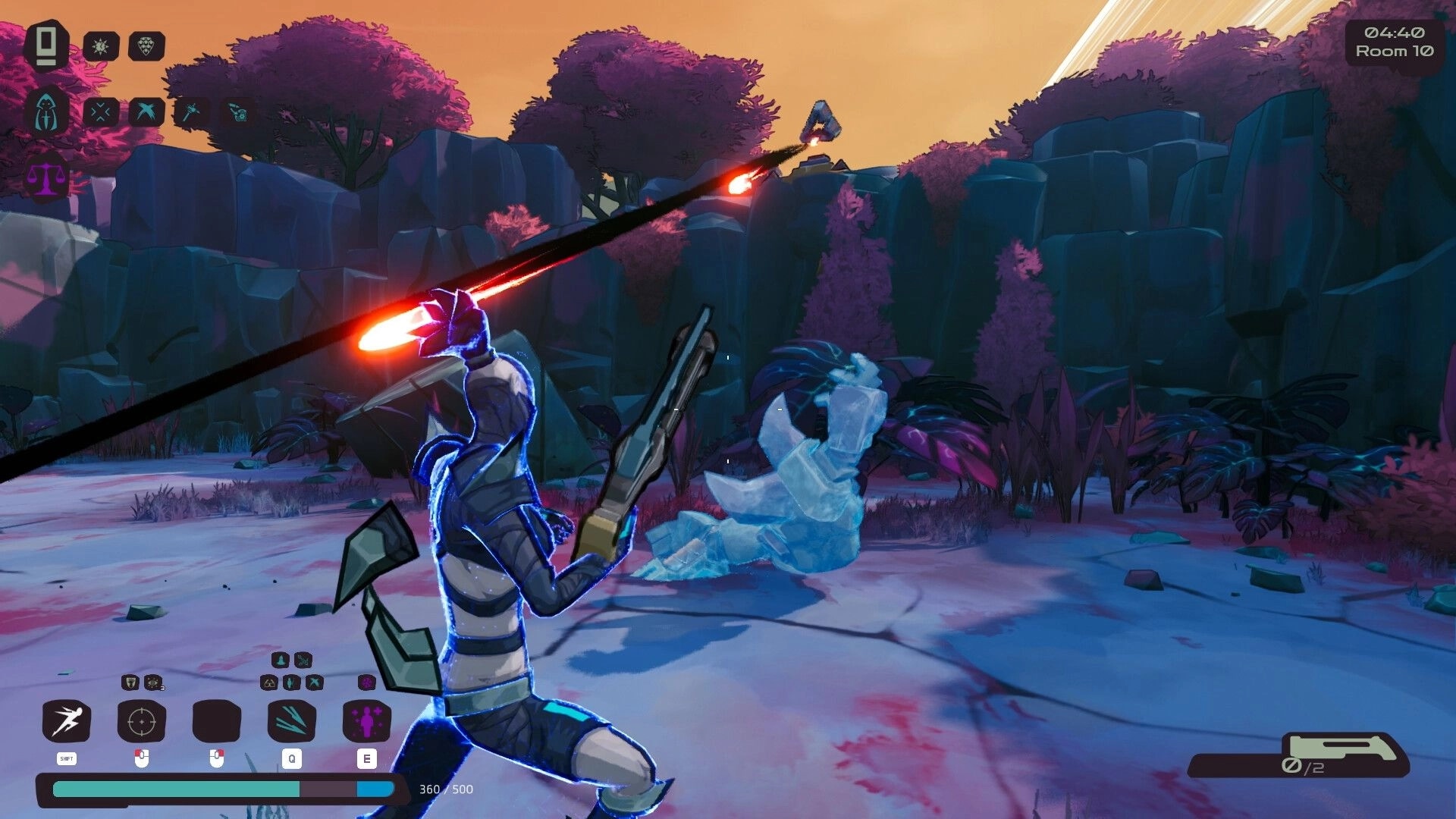 RUNE GUNNER: Player fires a rifle at a frozen enemy in a rocky grove, ability icons and ammo HUD visible.