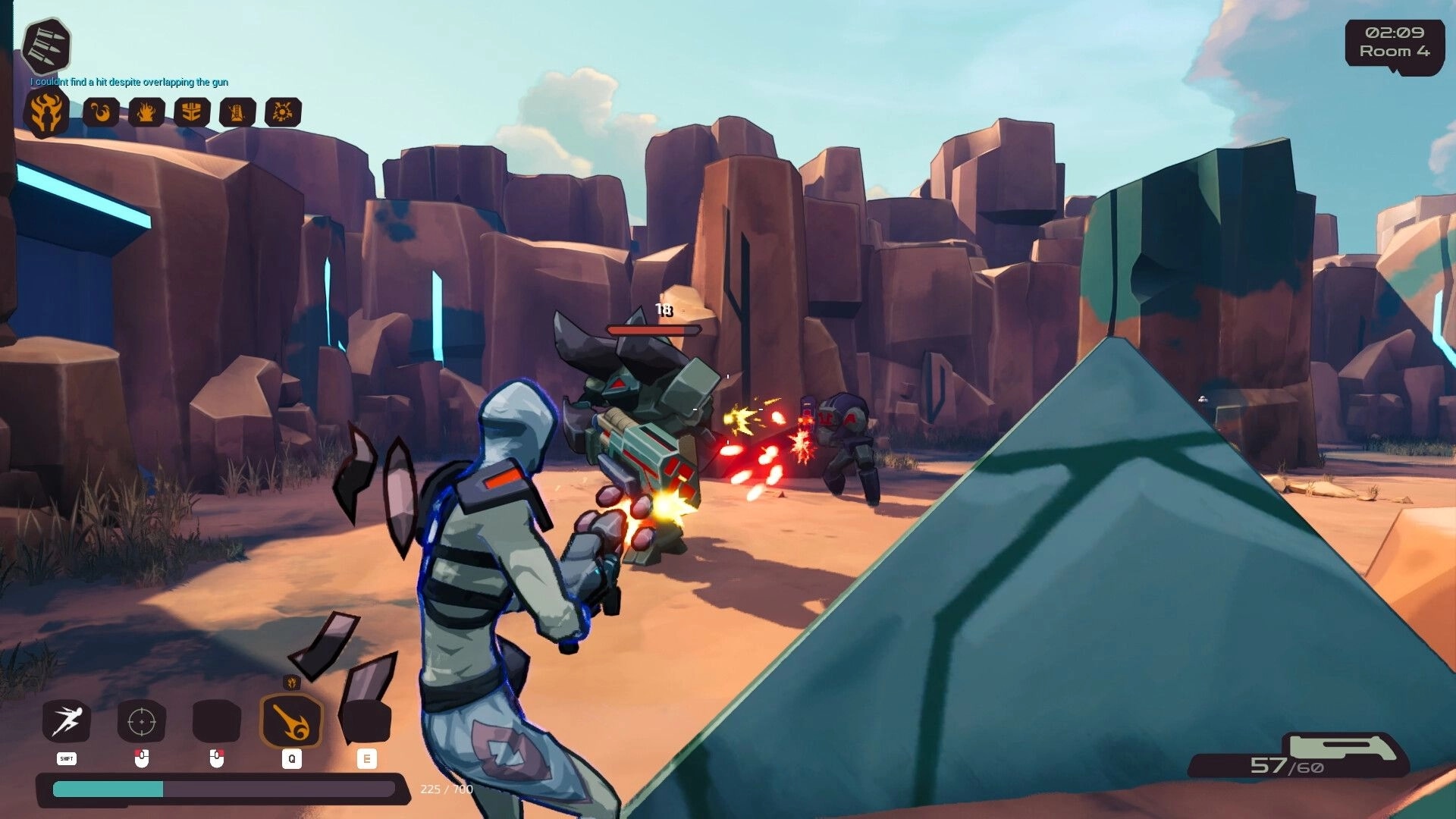 RUNE GUNNER: Third-person firefight with robot foes in rocky canyon arena, timer and ammo UI visible.
