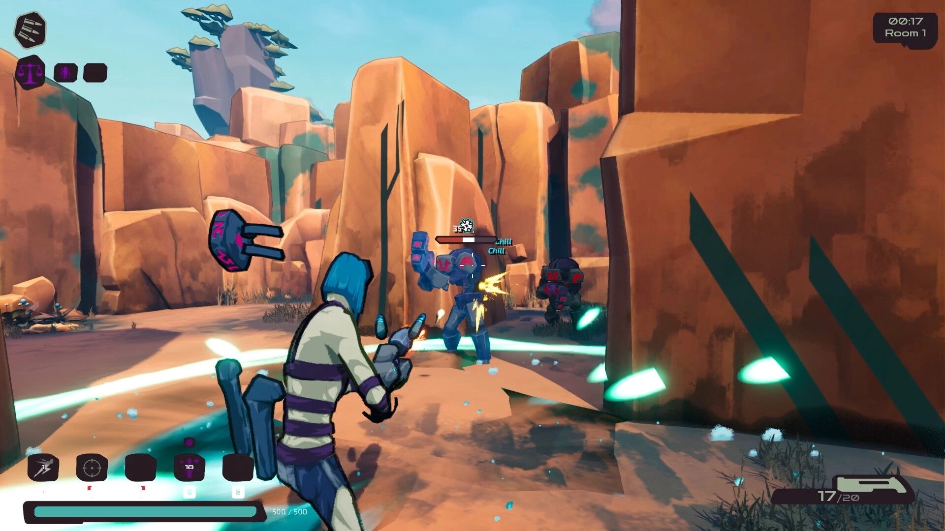 RUNE GUNNER: Third-person firefight against robots with Chill effect in a rocky canyon arena UI visible.