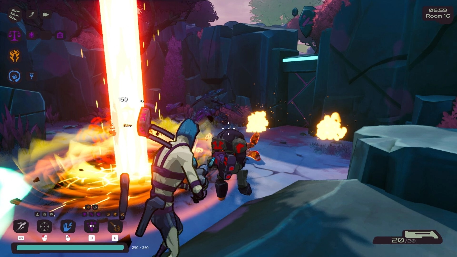 RUNE GUNNER: Co-op firefight with two heroes as a fiery beam strikes in a rocky sci-fi canyon room UI visible.