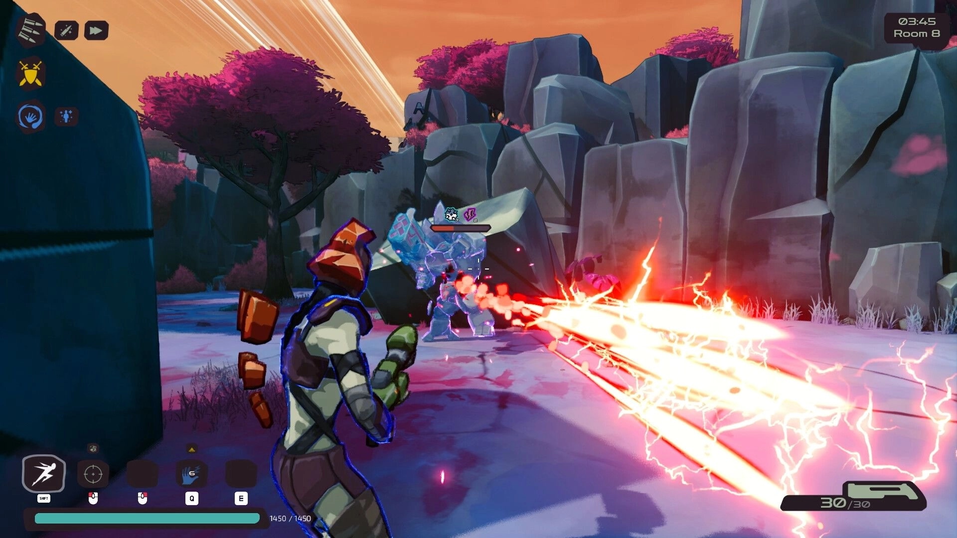RUNE GUNNER: Third-person firefight blasting an ice golem in a rocky canyon, Room 8 timer UI.