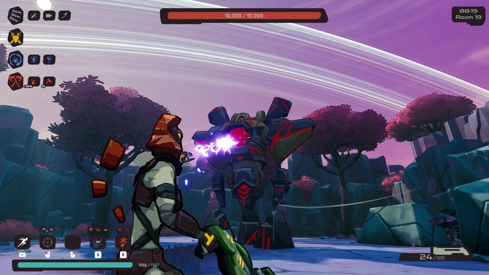 RUNE GUNNER: Player aims rifle at giant mech boss with 10,000 HP bar in purple alien forest arena.