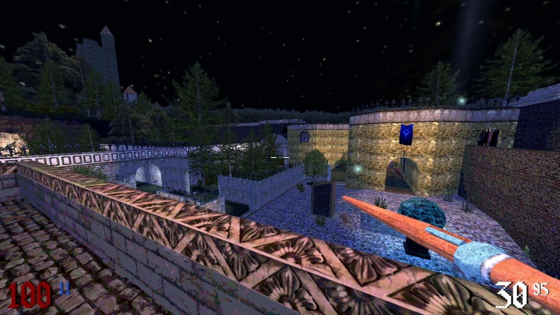 Runeblight: First-person view of crossbow aimed at castle courtyard under starry night sky