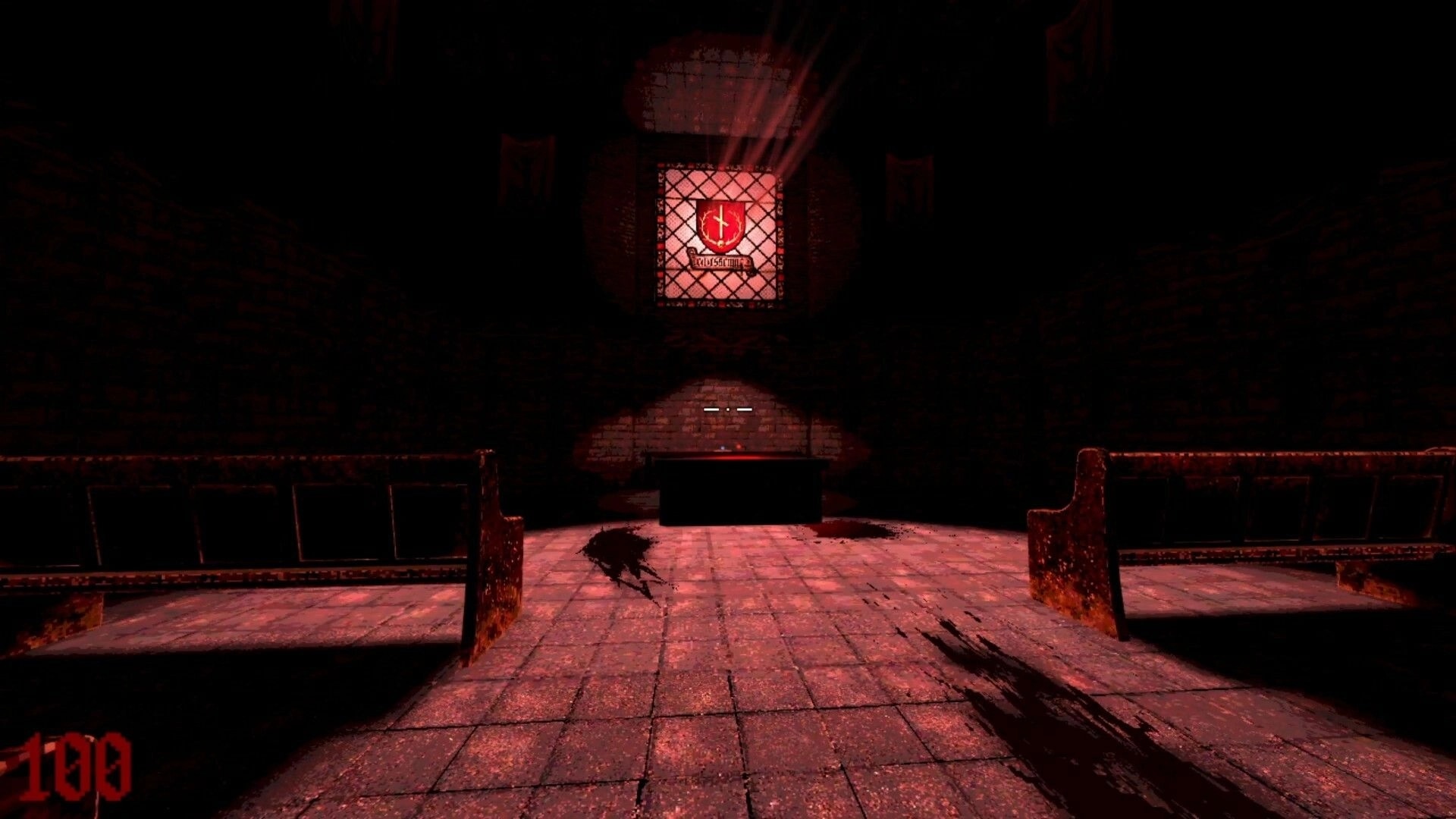 Runeblight: Dimly lit cathedral interior with stained glass window and bloodstained floor