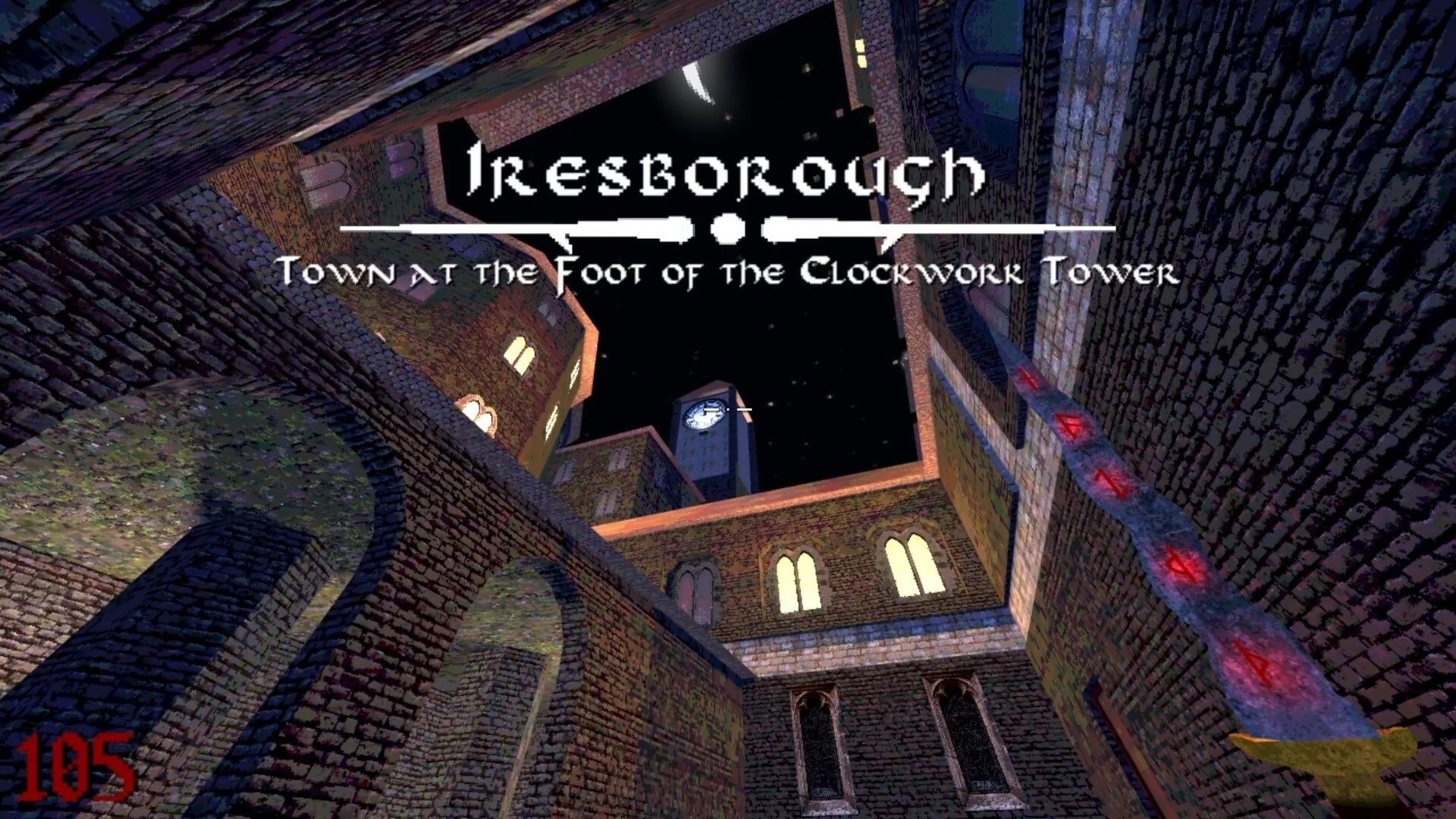 Runeblight: Looking up at Iresborough's brick towers and clock face under a night sky with a crescent moon.