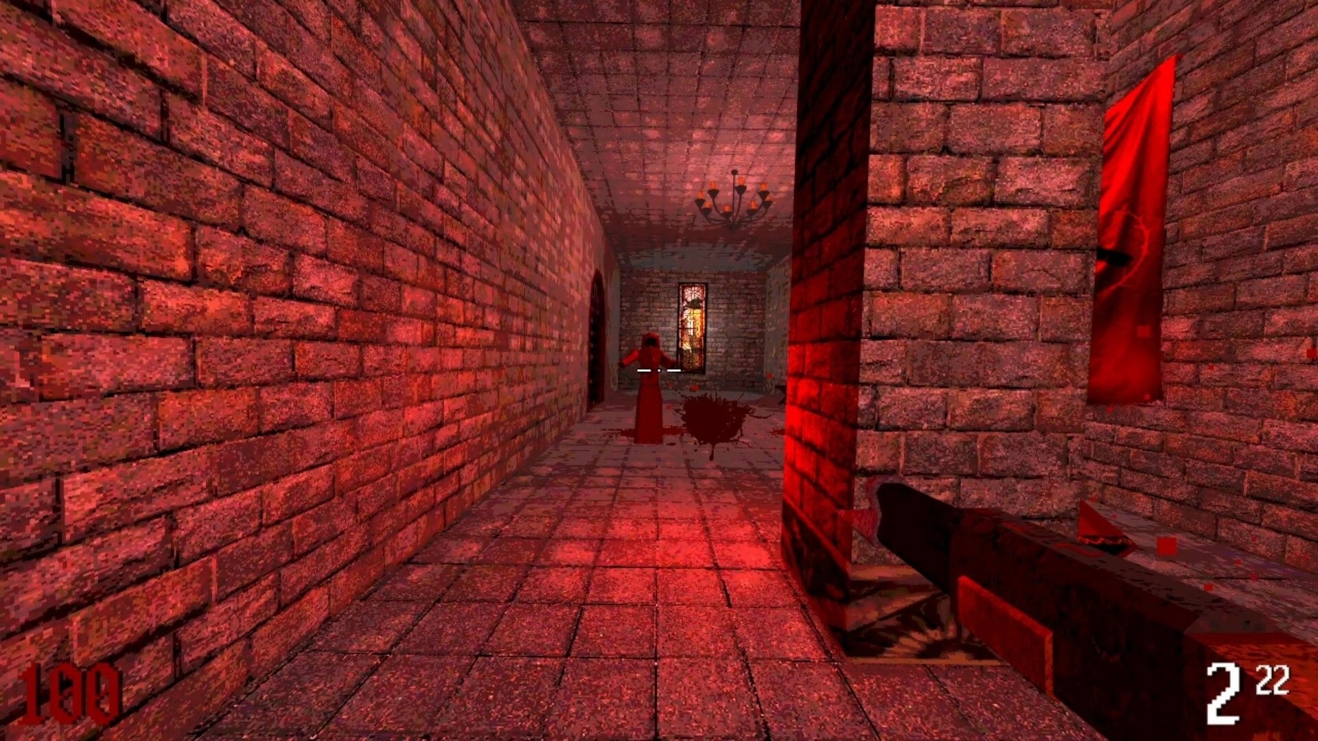 Runeblight: First-person view aiming at cloaked enemy in dimly lit stone hallway with red lighting