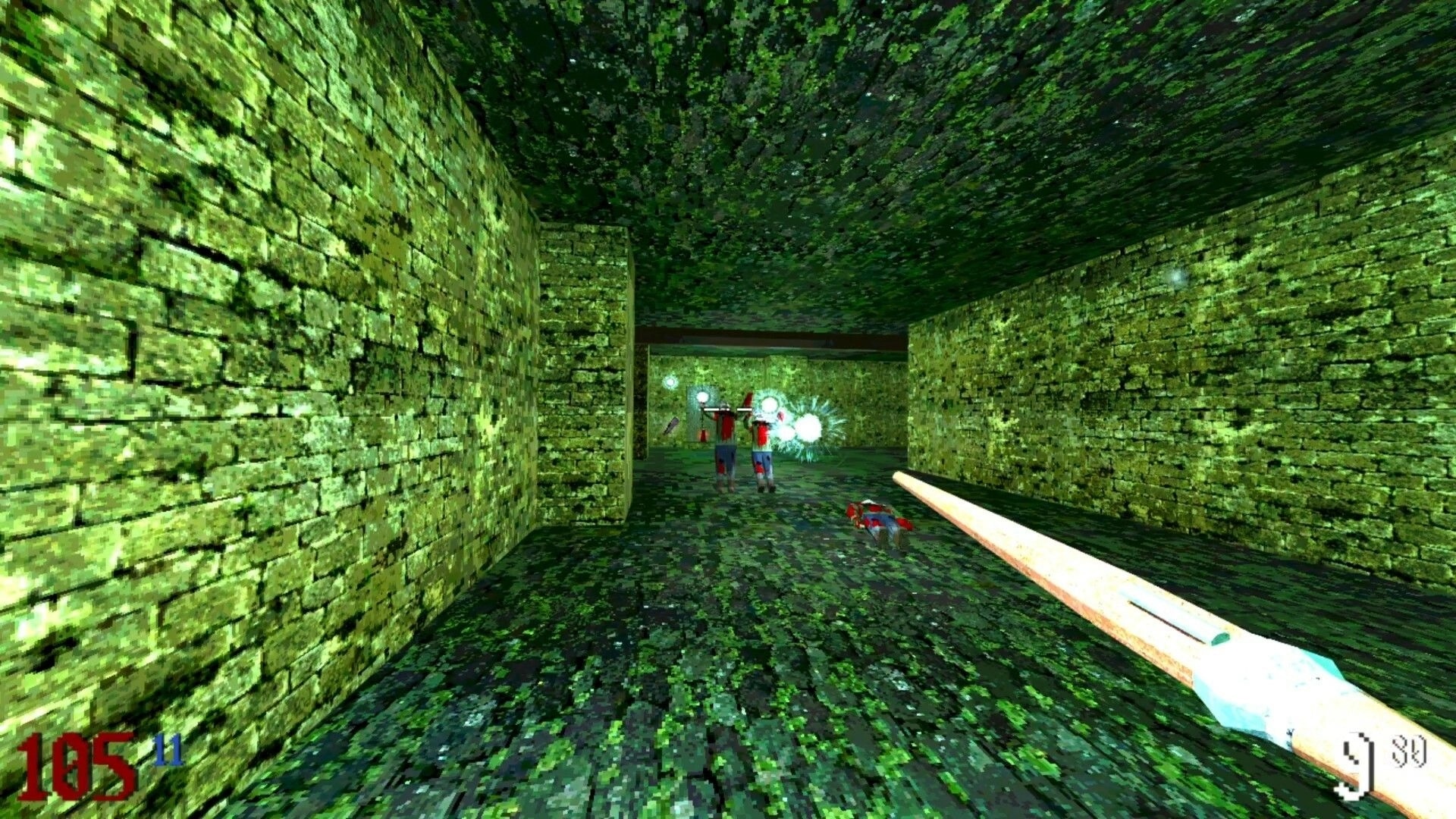 Runeblight: Player attacks cultists in moss-covered dungeon corridor with health and ammo displayed