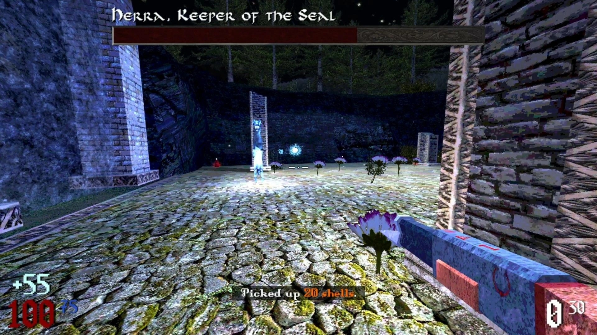 Runeblight: Player aims at Herra, Keeper of the Seal in a cobblestone courtyard with UI health display