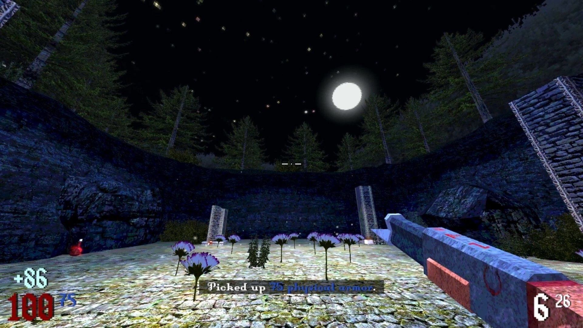 Runeblight: Player holding weapon in moonlit forest clearing, HUD shows health and ammo stats