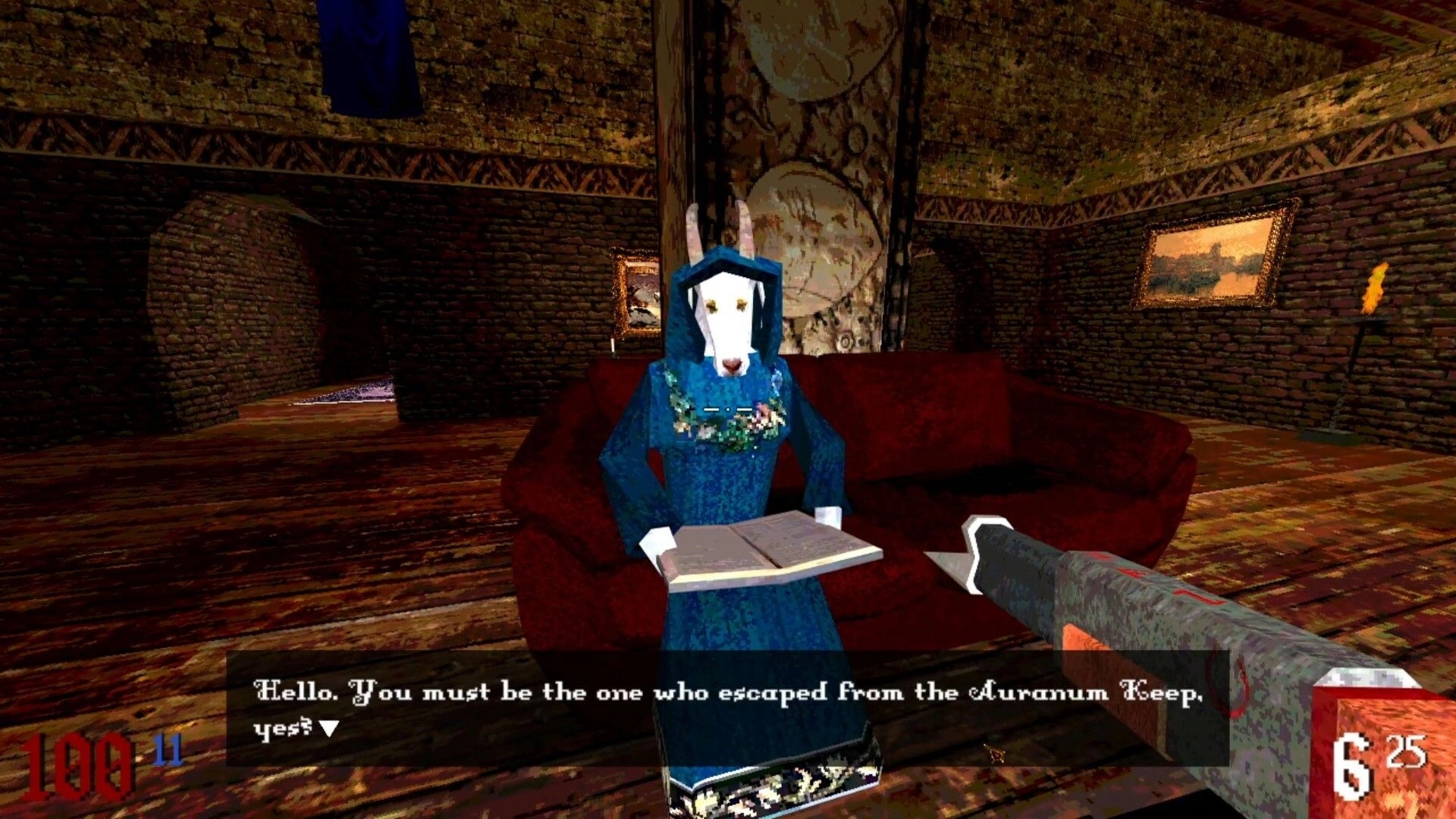 Runeblight: Dialogue with a robed character holding a book in a dimly lit stone-walled room