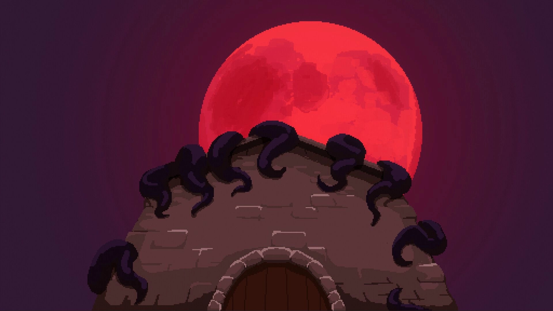 Runeomicon: Dark tentacles coil over a stone tower roof under a huge blood-red moon in purple sky.