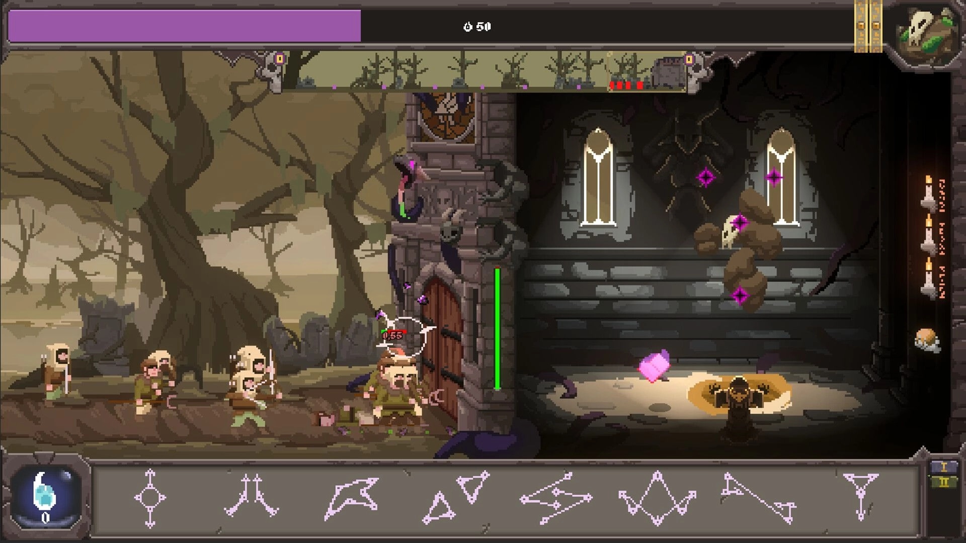 Runeomicon: Villagers attack a tower gate as purple runes and traps defend in a gloomy forest ruin.