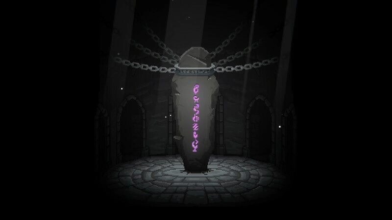 Runeomicon: Glowing purple rune pillar chained to the ceiling in a dark stone ritual chamber.