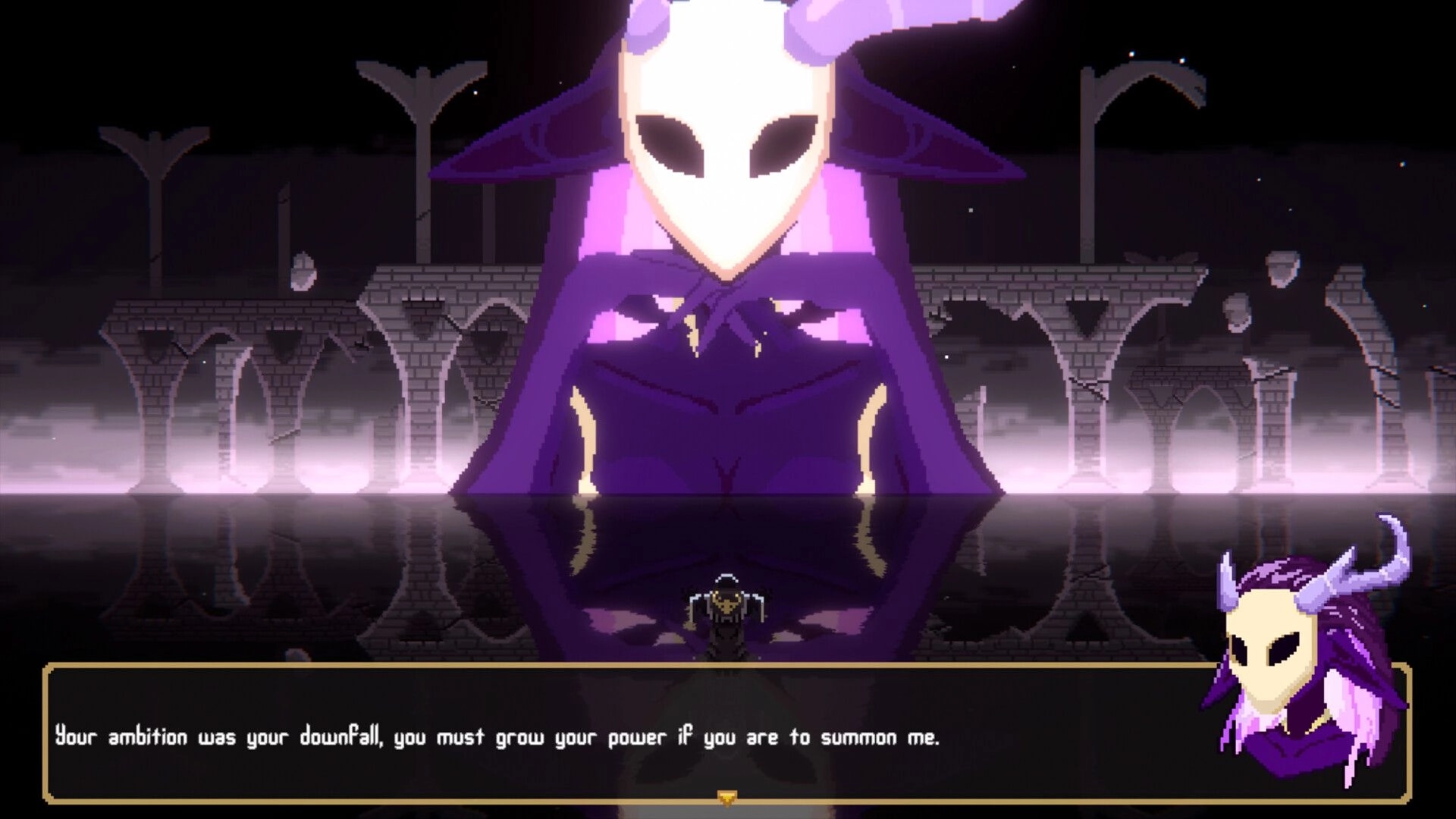 Runeomicon: Masked purple goddess speaks in dialogue box, towering over misty stone arches at night.