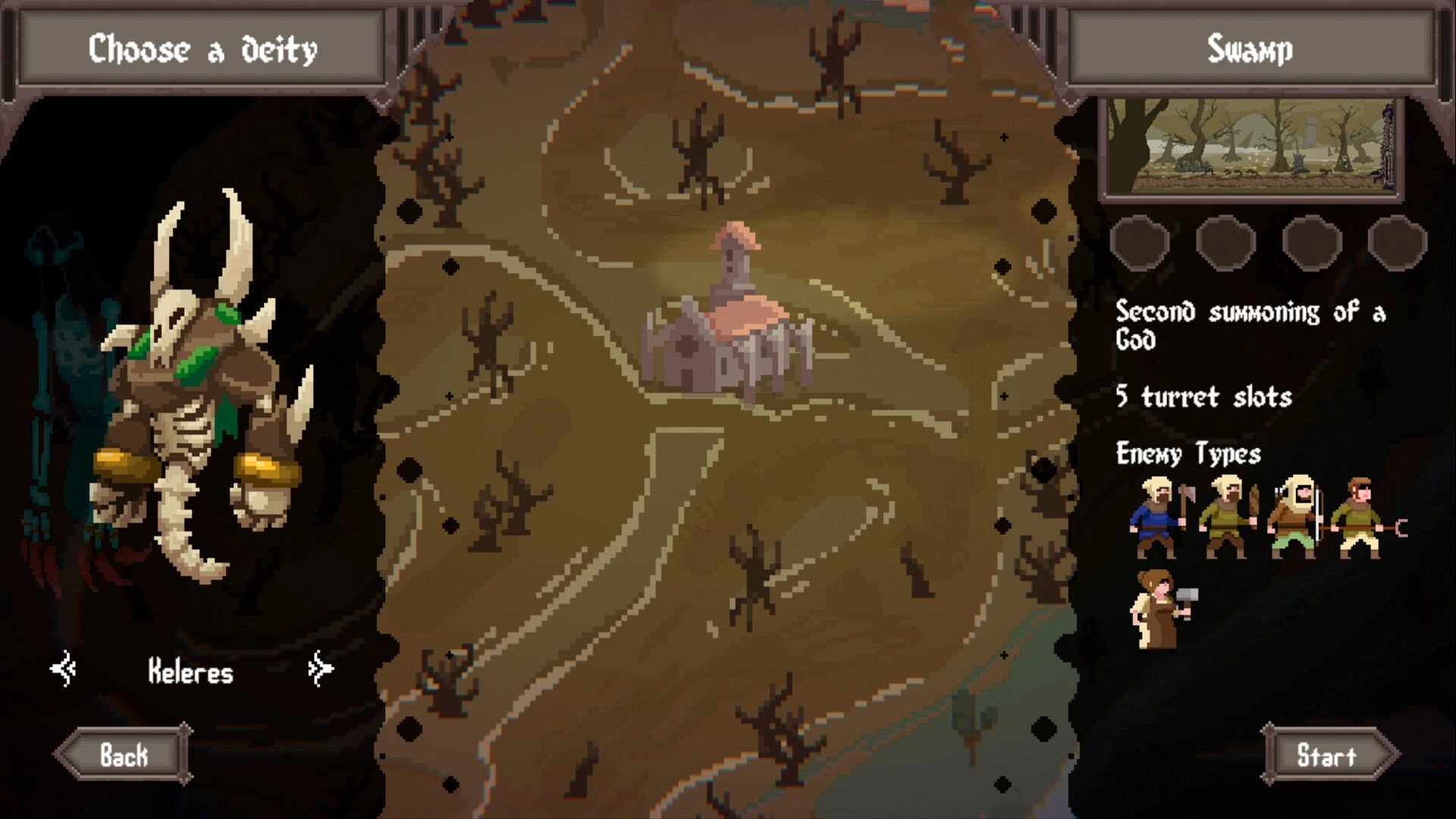 Runeomicon: Choose a deity menu with Keleres and Swamp map preview, enemy types list UI.