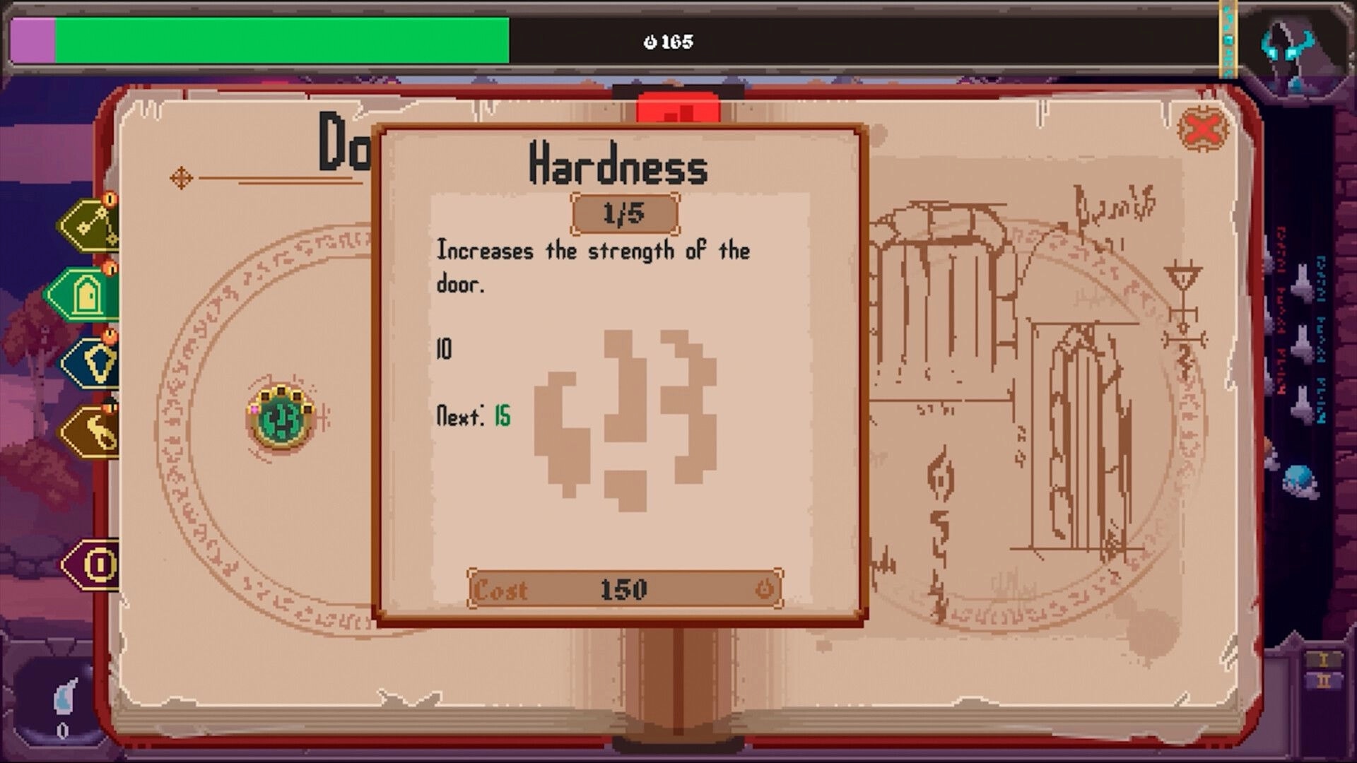 Runeomicon: Hardness upgrade tooltip increasing door strength over open spellbook menu in dungeon UI.