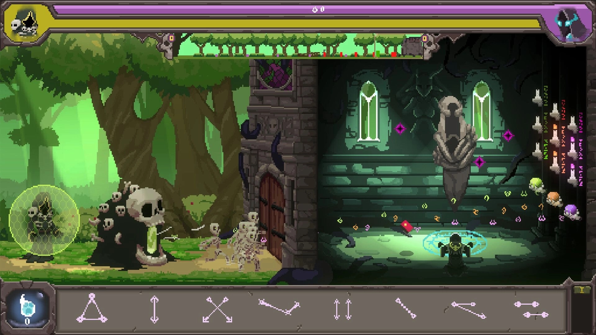 Runeomicon: Necromancer channels runes as skull beasts guard a castle beside a forest and shrine interior.