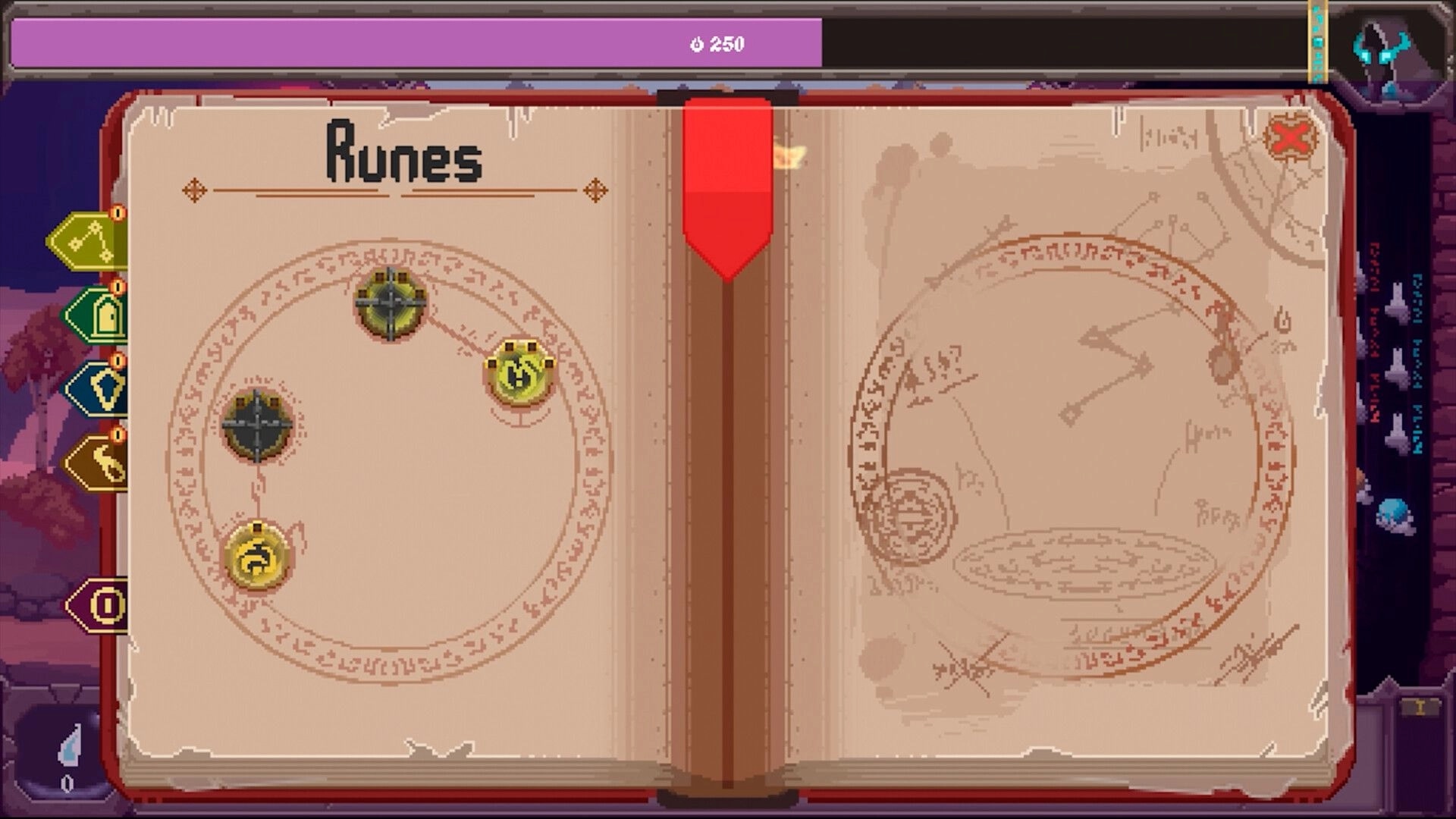 Runeomicon: Runes spellbook menu with rune slots and icons on parchment pages over dark UI backdrop.