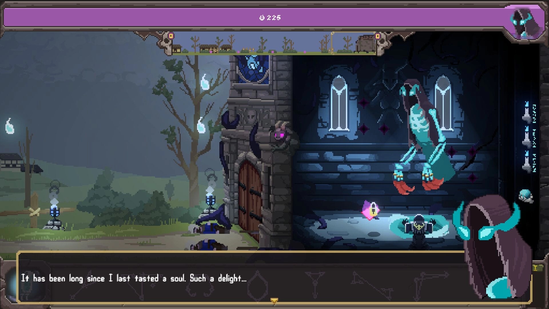 Runeomicon: Dialogue with a towering ghostly reaper inside a castle chamber with rune UI and 225 mana.