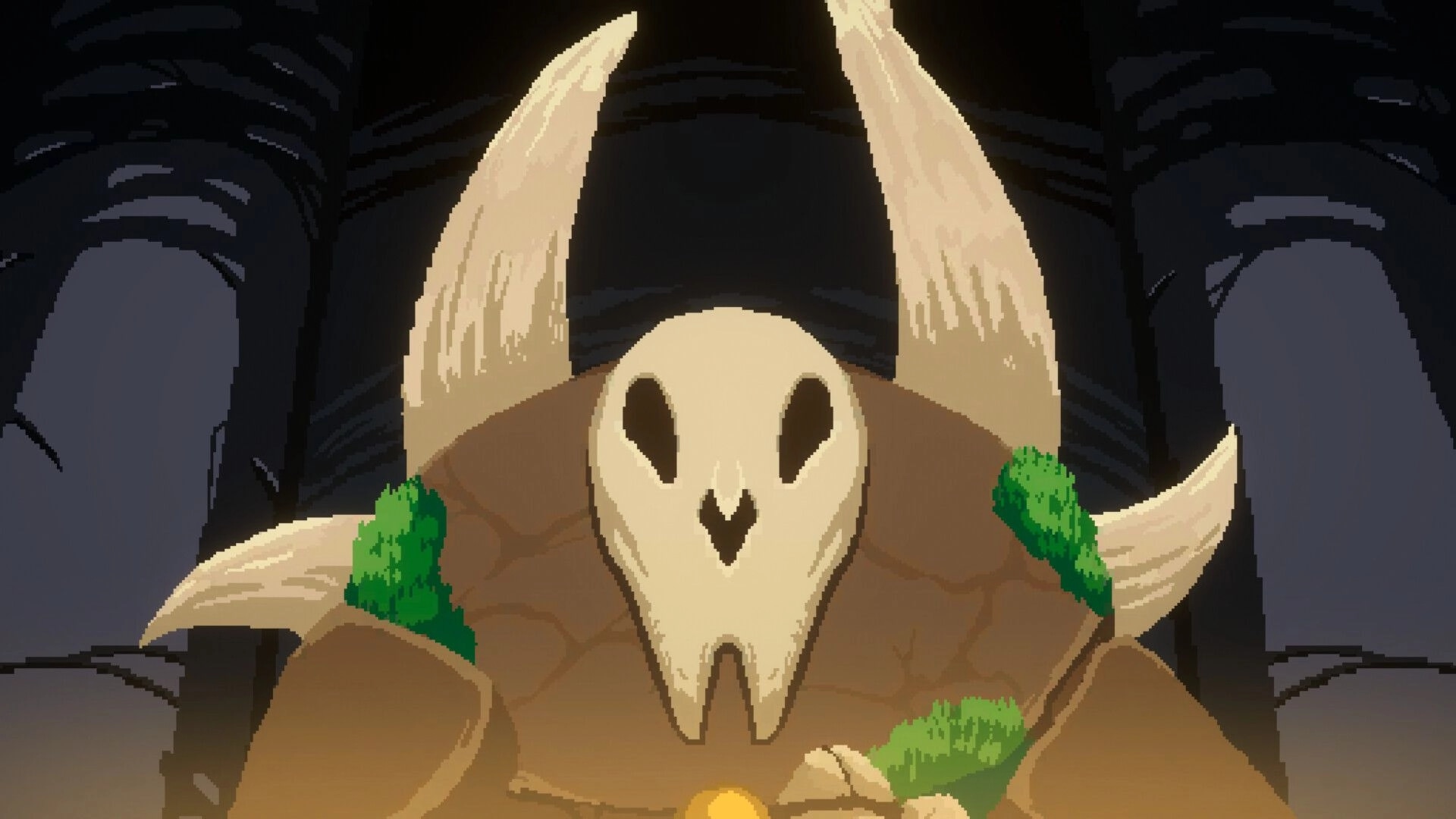 Runeomicon: Horned skull idol with mossy stone base centered inside a dark ribbed cavern chamber.