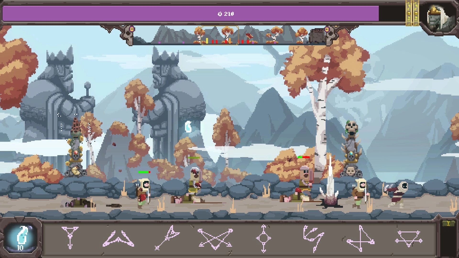 Runeomicon: Villagers fight undead on a stone path with rune bar UI in an autumn mountain valley.