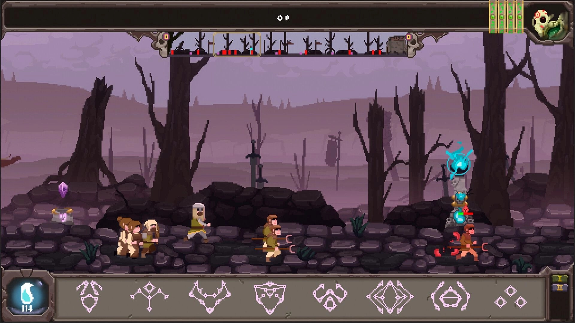 Runeomicon: Villagers advance toward a glowing blue tower on a rocky path in a dead forest landscape.