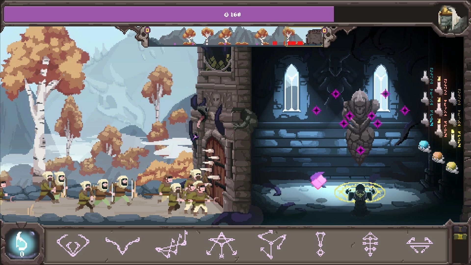 Runeomicon: Hooded mage casts runes in a crypt as villagers attack a castle gate outside.