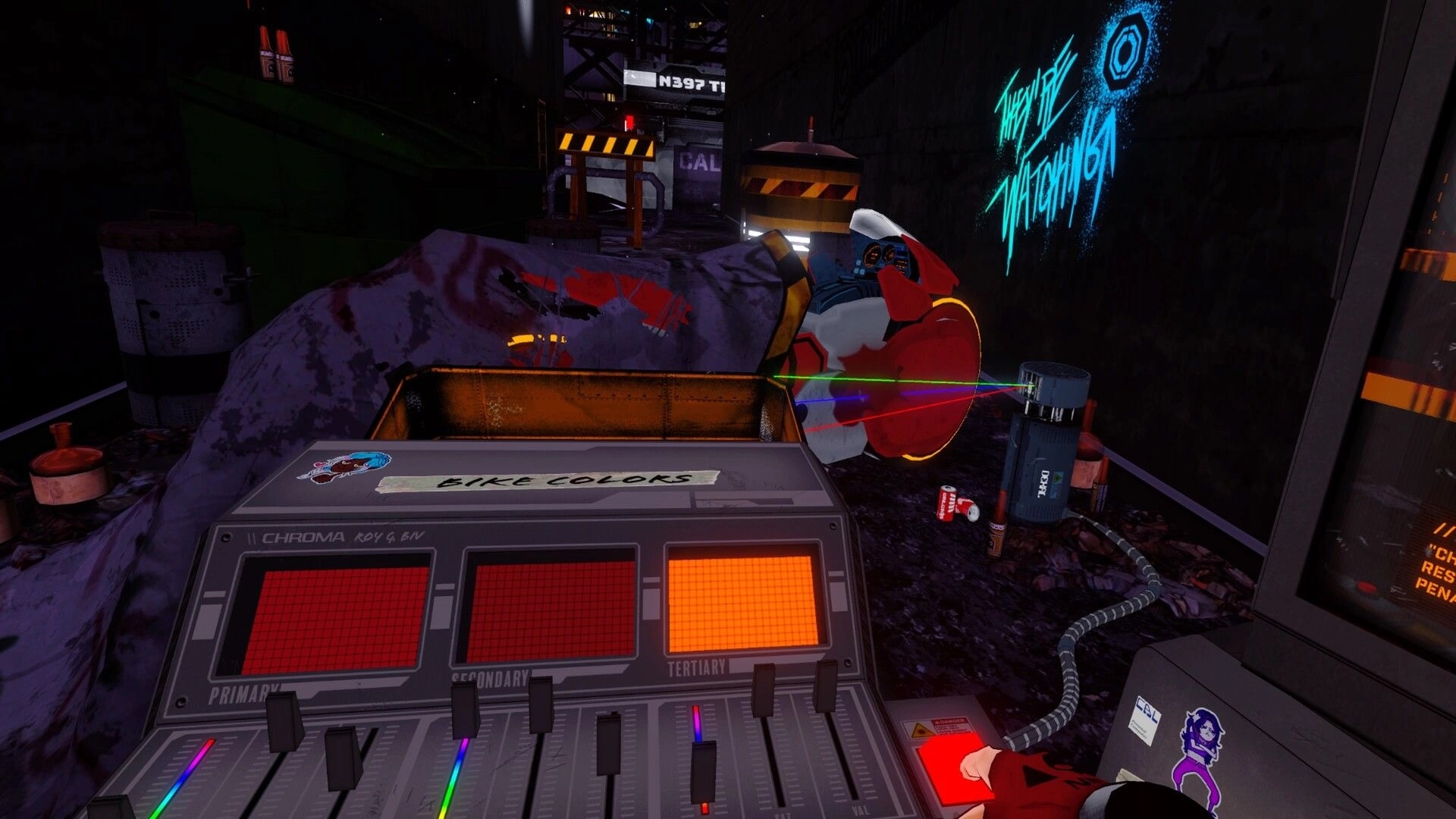 RUNNER: Player adjusts bike colors in a dim alleyway with neon graffiti and scattered debris around.