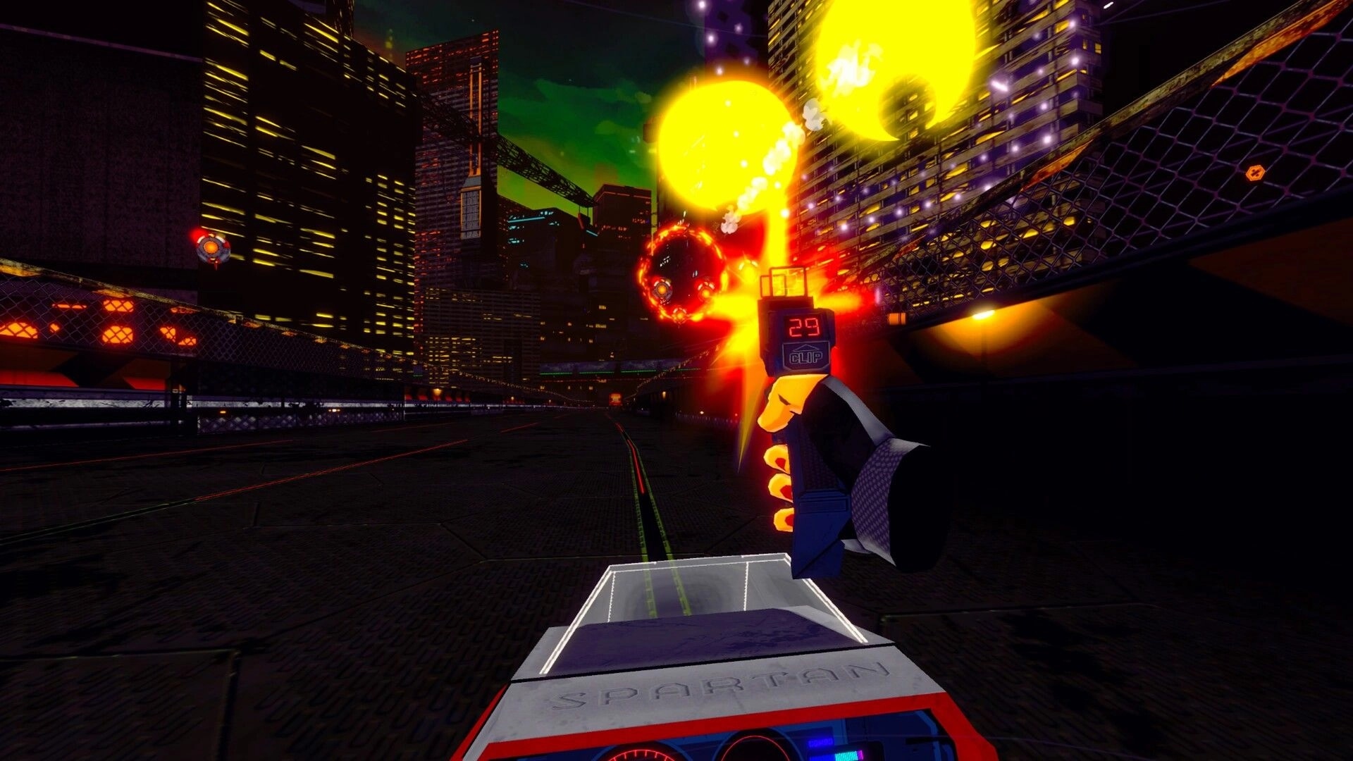RUNNER: Player fires at drones in a neon-lit cityscape, visible clip count on futuristic weapon.