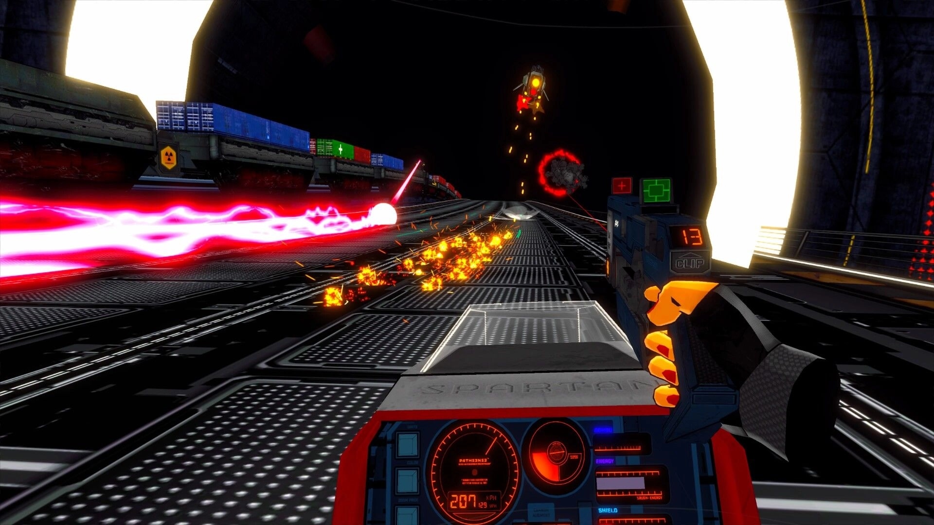 RUNNER: Player firing at drones in tunnel, speedometer and ammo count visible in futuristic cockpit HUD.
