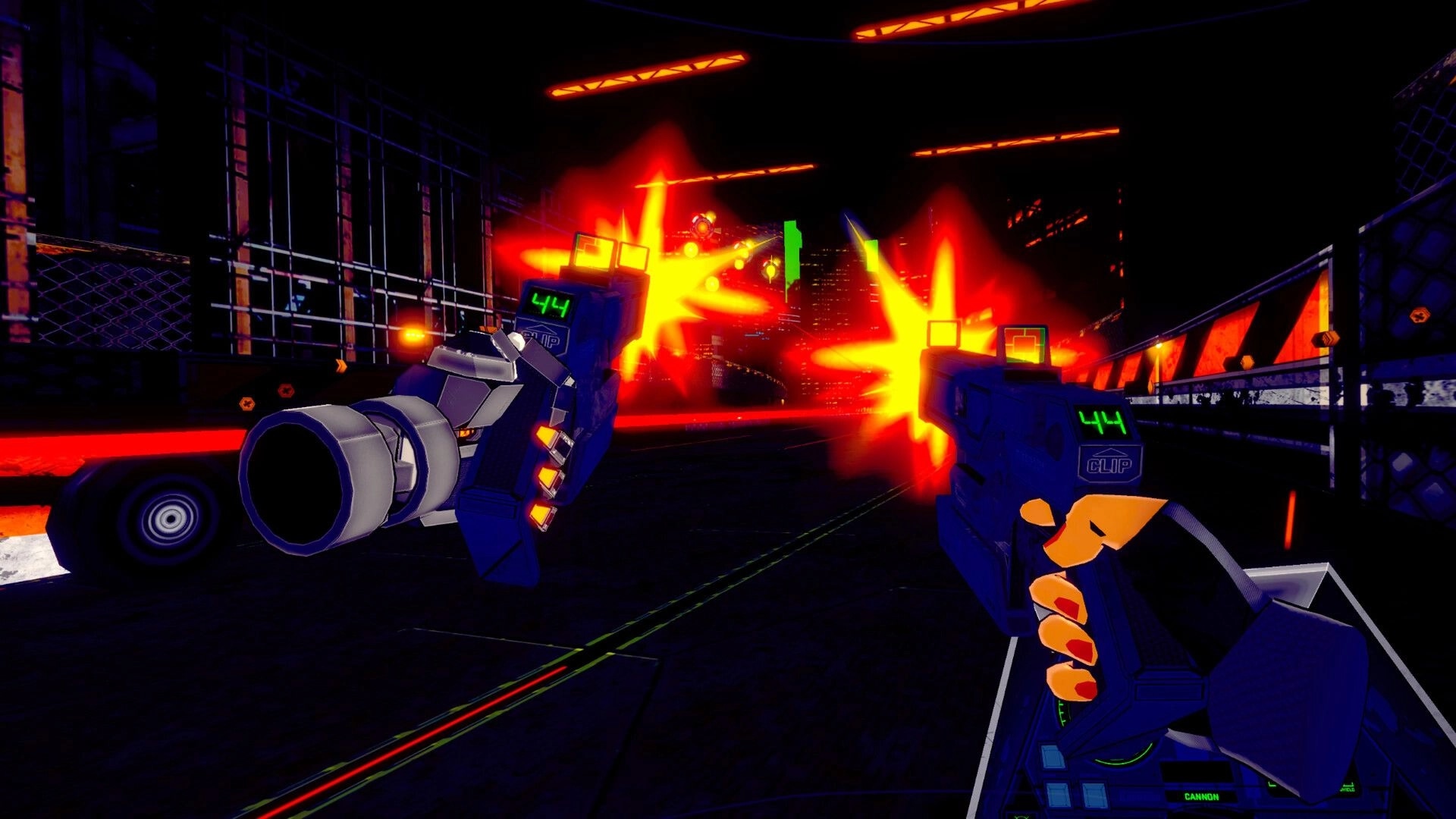 RUNNER: Dual-wielding guns firing at drones in a neon-lit futuristic cityscape with vibrant explosions