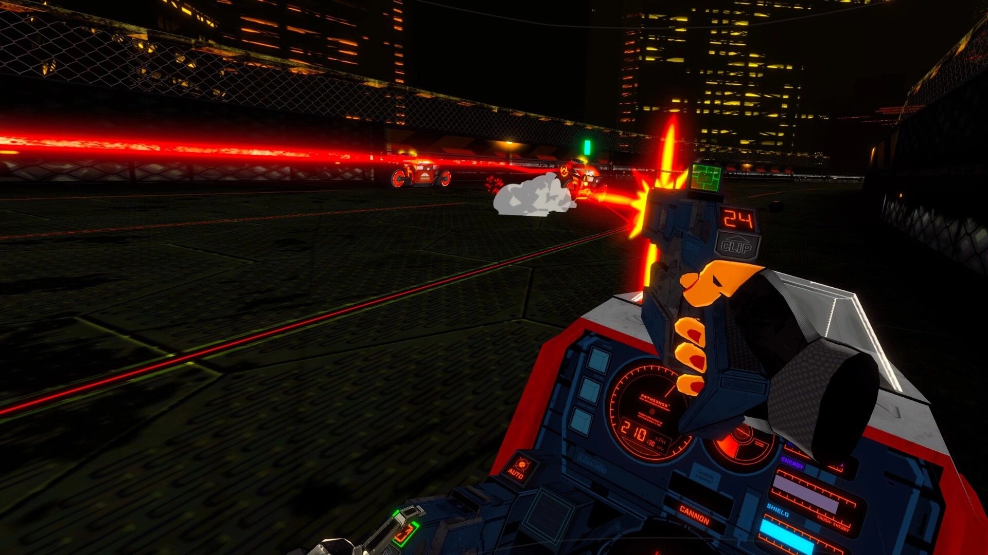 RUNNER: Player fires at enemy drones from a futuristic motorcycle cockpit in a neon-lit cityscape
