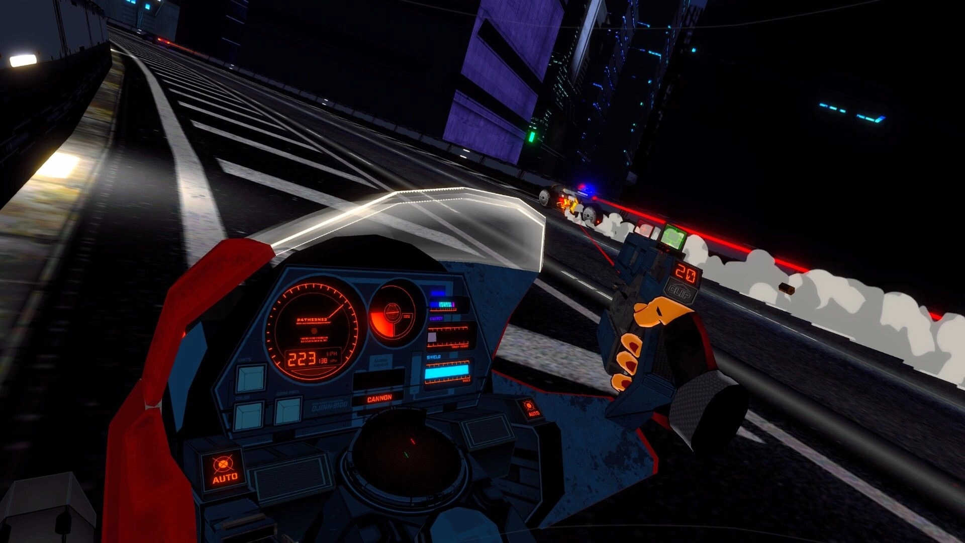 RUNNER: First-person view of speeding motorcycle with HUD, firing at drones on neon-lit highway
