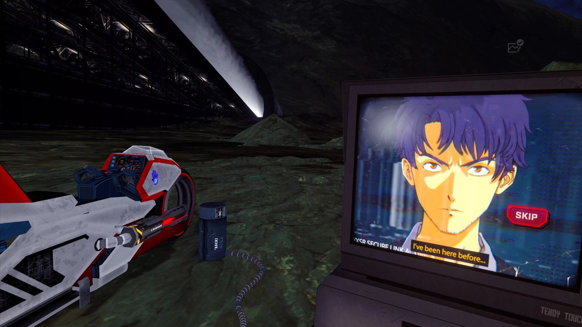 RUNNER: Character dialogue on screen beside futuristic bike in dark, industrial underground setting