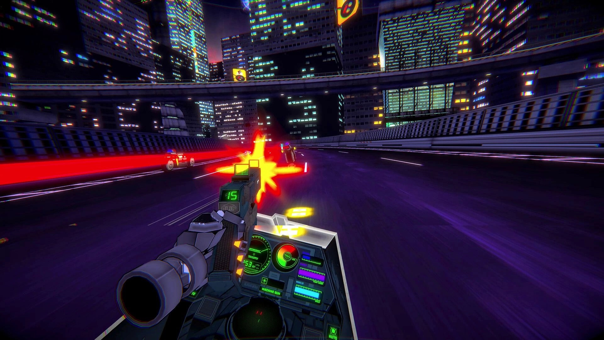 RUNNER: Firing at drones while racing through neon-lit city streets in futuristic arcade setting