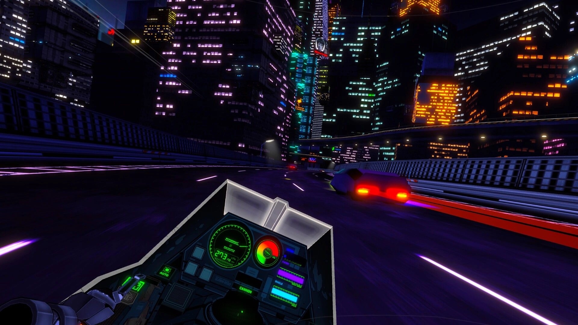 RUNNER: High-speed chase through neon-lit city streets, dashboard displaying speed and radar indicators.