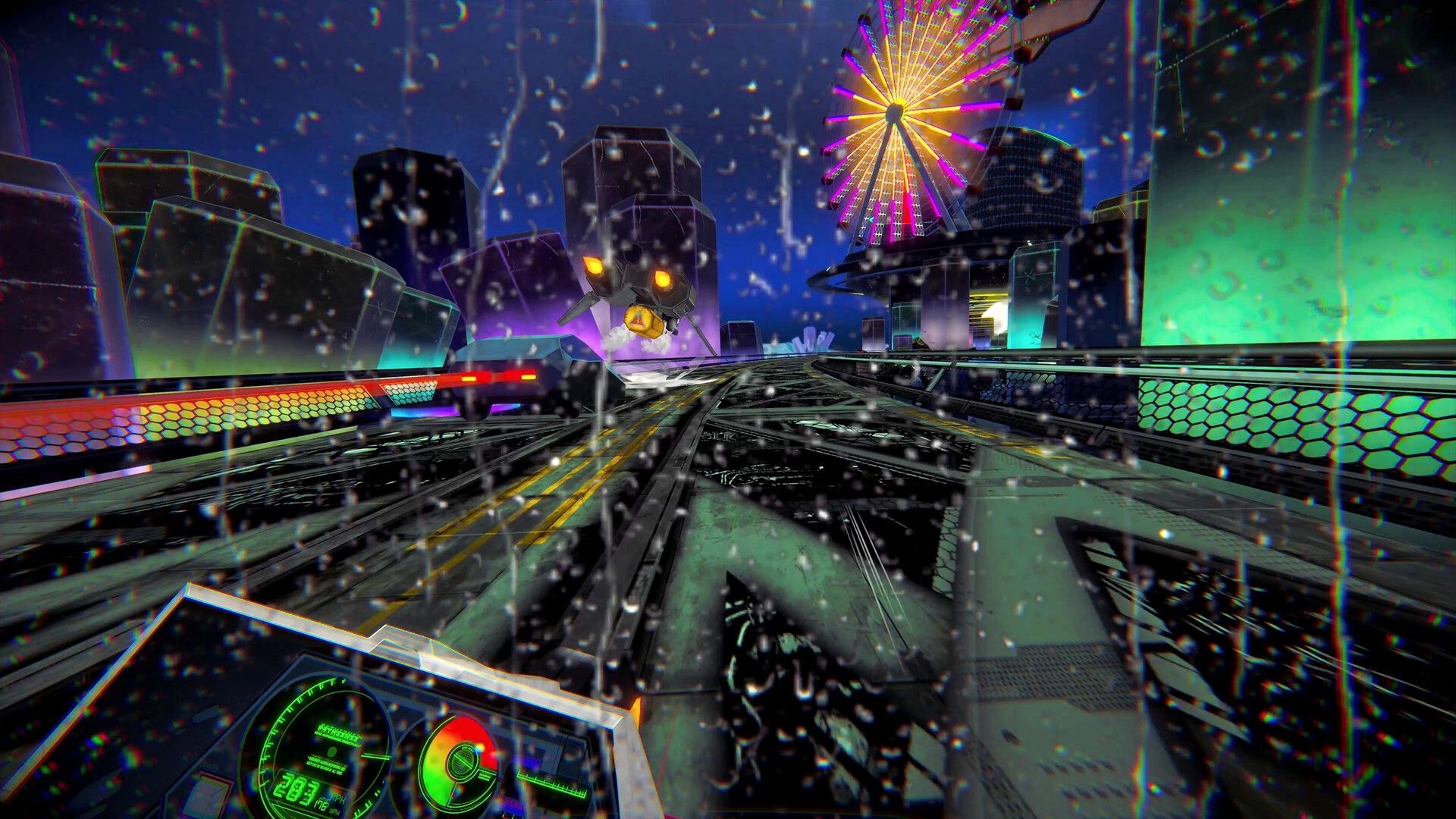 RUNNER: Racing down a neon-lit highway in rain with speedometer dashboard and glowing Ferris wheel ahead